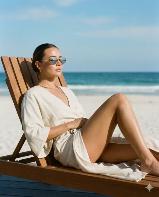 Create a luxury beach lifestyle photo of a woman reclining on a wooden beach chair, relaxed laid-back posture with one leg crossed over the other, wearing elegant resort wear with soft flowing fabric, minimal accessories, stylish sunglasses reflecting ocean light, calm effortless facial expression, glowing skin under soft sunlight, camera captured from a side angle slightly above eye level, balanced framing with blue sky and ocean in the background, soft shadows and clean highlights, premium Instagram aesthetic, high-detail fashion-forward lifestyle photography. Use aspect ratio 4:5.