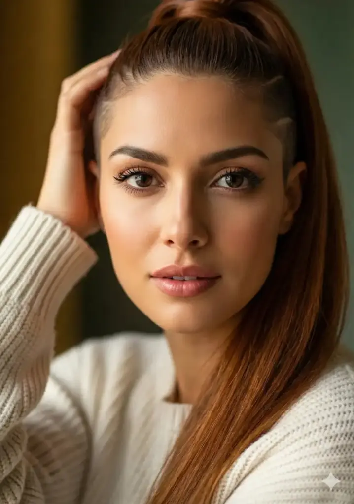 Give her a bold undercut hairstyle where the sides and back are shaved very short (or completely shaved) while the top section remains long (past shoulders when let down). The long hair on top can be styled slicked back, in a high ponytail, or left flowing over one side to showcase the contrast. The shaved sections should have clean, defined lines. This edgy style should look rebellious yet sophisticated.