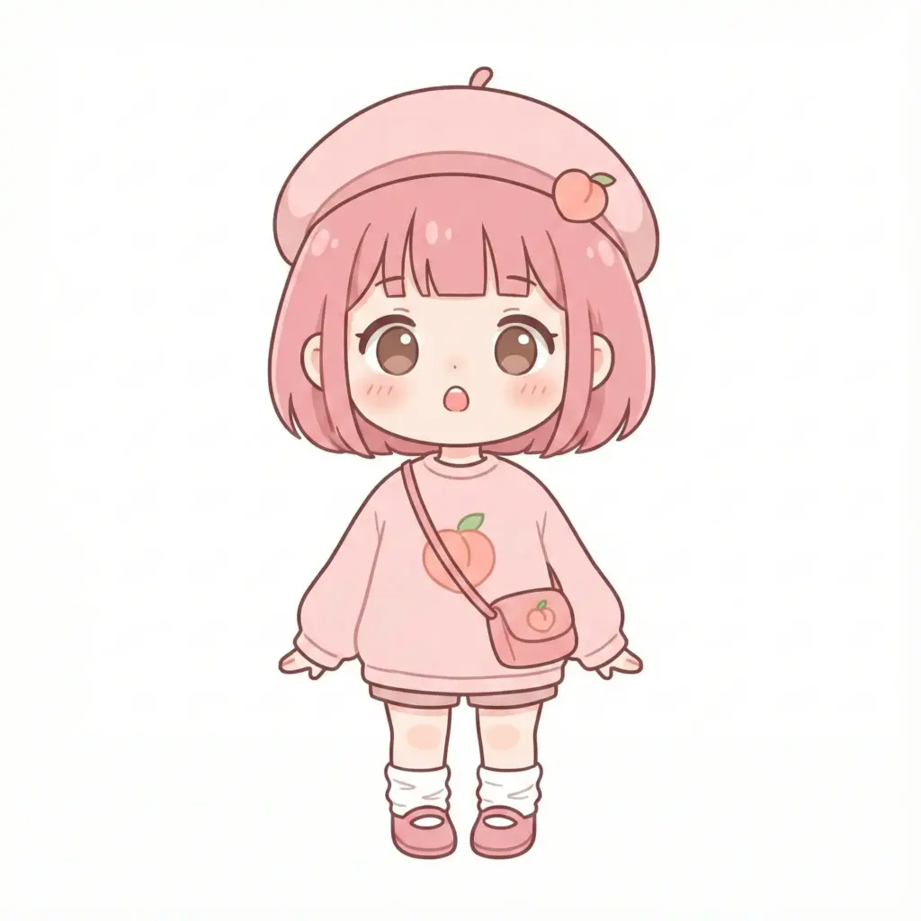 Create a cute chibi-style illustration of a small girl standing upright, facing forward. She has a round head, short pink bobbed hair with straight bangs, and large brown eyes with a soft shine. Her expression is surprised and innocent, with a small open "o"-shaped mouth and lightly blushed cheeks. She wears a pastel pink beret decorated with a small peach accent on the side. Her outfit is a loose, long-sleeved pastel pink sweater featuring a peach motif on the chest, paired with short bottoms mostly hidden by the oversized sweater. A small pink crossbody bag with a peach design hangs at her side. She wears white socks scrunched at the ankles and pink shoes with simple rounded shapes. The color palette is soft and muted, dominated by pinks and warm pastels. Line art is thin, clean, and rounded, with minimal detail and flat shading. Use aspect ratio 1:1.