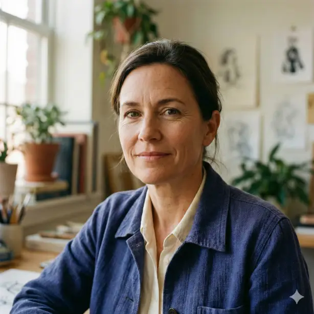 Create a realistic LinkedIn profile photo of a creative professional with a subtle, confident smile and direct eye contact. Use soft natural light with a warm tone and gentle background blur for depth. Frame the subject from shoulders upward, keeping the composition balanced and uncluttered. Ensure realistic facial details, professional clothing, and a square 1:1 crop optimized for LinkedIn.