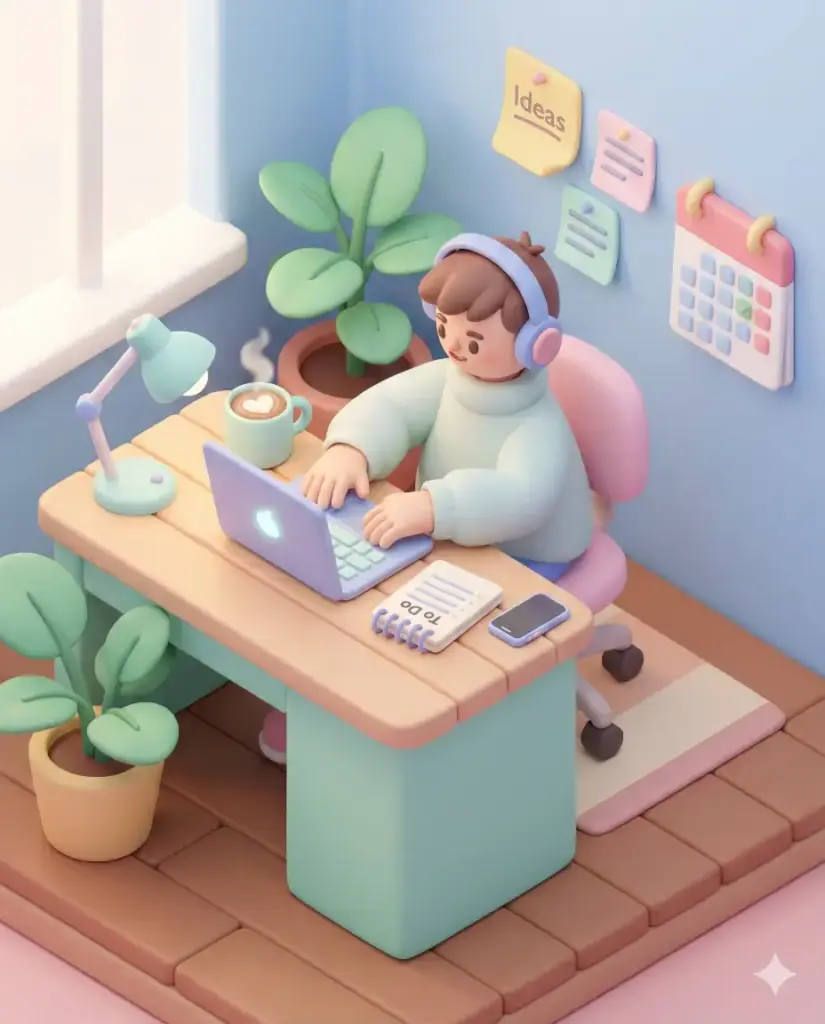Create a cute 3D isometric illustration of a remote worker using a laptop at a desk from a classic three-quarter top-down isometric angle, designed in a soft, playful miniature style inspired by trendy social media artwork. The scene uses smooth 3D forms with rounded edges, simplified shapes, and slightly exaggerated proportions, featuring a clay-like or soft plastic look with pastel or gently saturated colors and subtle gradients. Lighting is soft and diffused from above and slightly to one side, producing clean highlights and gentle shadows. Include a laptop, notebook, smartphone, coffee cup, desk lamp, wall notes, chair, and indoor plants arranged neatly with clear spacing and visual balance, using minimal, polished textures for a modern feel. Keep the background simple with a minimal isometric room so the focus stays on the subject. The overall mood should feel cozy, friendly, and joyful, rendered in high quality with smooth edges, no noise, no realism, no complex textures, and no flat illustration style. Use aspect ratio 4:5.