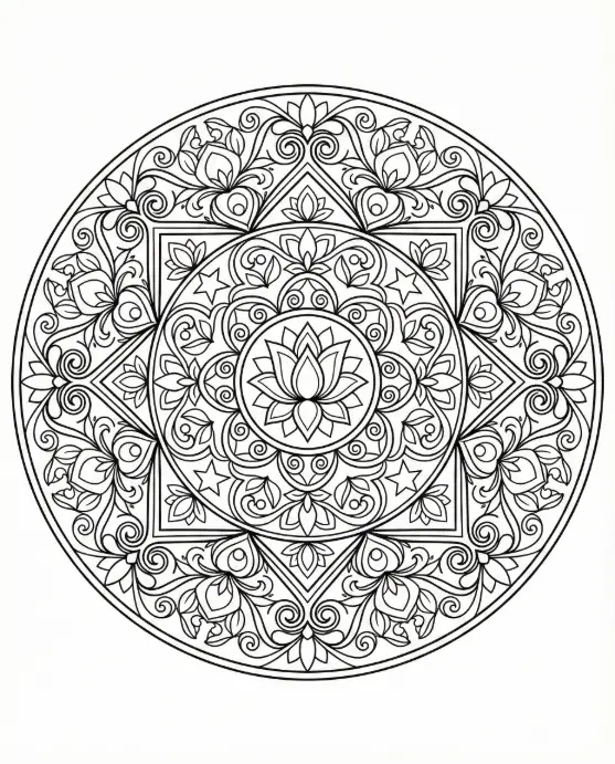 Create a black and white coloring page illustration of an intricate mandala with symmetrical floral patterns in a clean, printable adult coloring book style. The image should use pure line art with smooth, bold black outlines on a white background, with clearly enclosed sections for detailed coloring. The mandala should be centered and perfectly balanced, with repeating geometric and organic shapes that feel calming and meditative. Do not include any shading, gradients, grayscale, textures, or color of any kind. The illustration should have no text, letters, numbers, logos, or watermarks and should print cleanly. Generate the image in high resolution, vertical layout, and use an aspect ratio of 4:5.