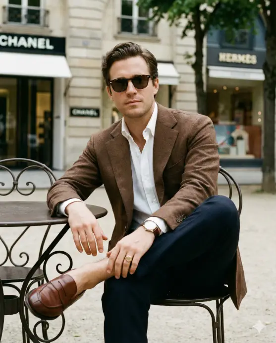 Create a luxury lifestyle portrait of a man sitting at an outdoor café in a high-end European-style street, relaxed posture with legs crossed and elbow resting on the table, wearing a tailored brown blazer, white shirt, dark sunglasses, leather shoes, subtle accessories, calm confident expression, soft natural daylight, blurred luxury storefronts in background, fashion editorial photography style, refined Instagram mood. Use aspect ratio 4:5.