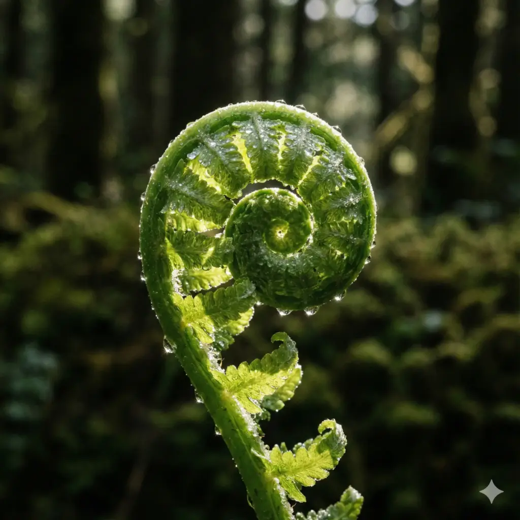 Create a macro still life photograph of a single, vibrant green fern frond unfurling, with delicate water droplets clinging to its leaves. Place it against a softly blurred, dark forest background, suggesting depth. Use soft, diffused natural light filtering through trees, highlighting the translucency of the leaves and the sparkle of the water. Focus intently on the intricate patterns and textures of the frond. High detail, shallow depth of field, naturalistic color. Use aspect ratio 1:1.