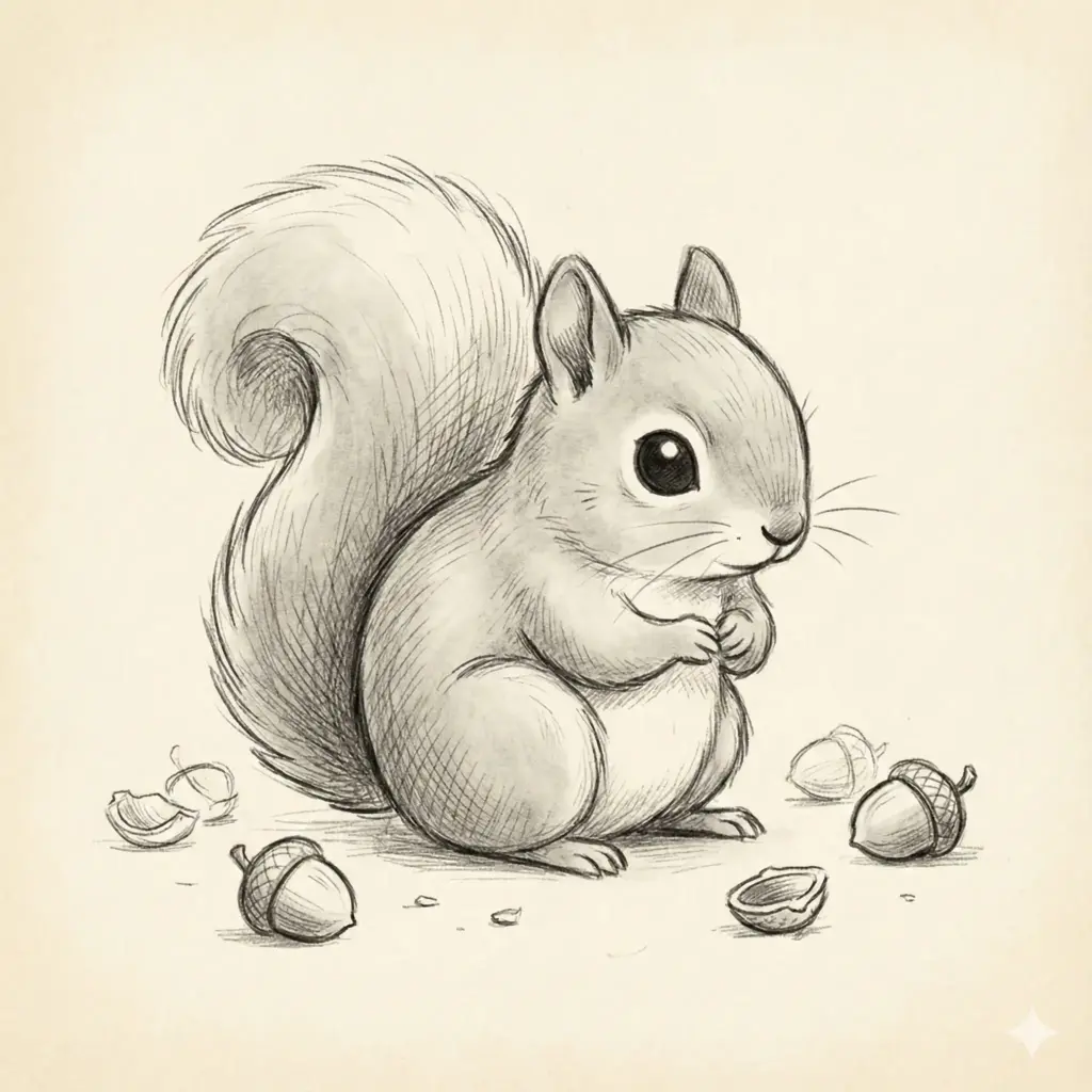 Create a charming, minimalist illustration of a small squirrel drawn in a soft pencil-sketch style. The squirrel is shown in a seated, slightly hunched pose, with a large, fluffy tail curled upward behind its body. Its form is rounded and simple, emphasizing cuteness rather than realism. The squirrel has a big dark eye, a tiny nose, short whiskers, and small paws held close to its chest. Scattered acorns and nutshells lie around it on the ground, drawn with loose, sketchy lines. The artwork uses monochrome tones, with visible pencil texture, light cross-hatching, and subtle shading. The background is plain and uncluttered, resembling aged paper or a sketchbook page. The overall mood is gentle, cozy, and whimsical, like a children's book illustration or concept art study. Use 1:1 aspect ratio.