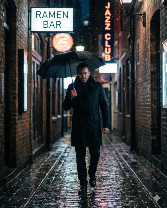 Create a stylish rainy evening photo of a man walking through a narrow alley, steady forward posture with coat collar raised, wearing a dark trench coat, slim trousers, Chelsea boots, holding an umbrella angled forward, serious focused expression, rain illuminated by neon signs, wet walls and ground reflecting light, shallow depth of field, cinematic street photography aesthetic. Use aspect ratio 4:5.