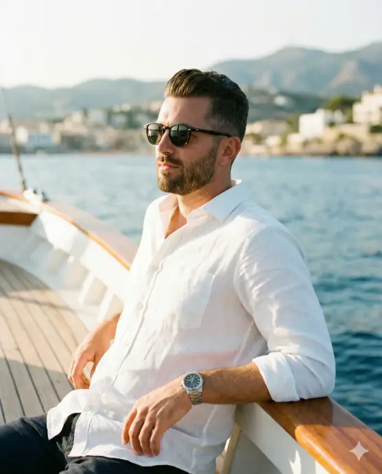 Create a cinematic lifestyle portrait of a confident, well-groomed man seated comfortably on a luxury boat during a calm, sunlit day. He is captured from the waist up, leaning slightly back with one arm resting casually on the wooden railing, gazing off to the side toward the horizon with a composed, thoughtful expression. He has neatly styled short dark hair, a well-trimmed beard, and wears classic dark sunglasses that enhance a refined, masculine look. His outfit is effortlessly elegant: a crisp white button-up shirt with the top buttons undone, sleeves casually rolled to the forearms, paired with light neutral trousers. A subtle luxury wristwatch adds understated sophistication. The background features tranquil blue water with a softly blurred coastal cityscape and distant hills or mountains, suggesting a Mediterranean or seaside setting. The atmosphere feels calm, exclusive, and aspirational. Lighting is natural and warm, as if shot during late morning or golden afternoon light, casting soft highlights on skin and fabric while maintaining realistic shadows. Colors are clean and balanced: whites, warm skin tones, soft blues, and natural wood accents. Use 4:5 aspect ratio.
