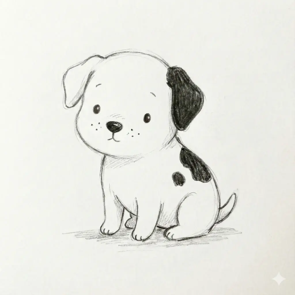 Create a simple, adorable hand-drawn puppy sitting on the ground, facing forward with a gentle, slightly curious expression. The puppy has a rounded head and soft, minimal proportions, with white fur and a few irregular black patches—one ear fully black, the other white, and a black spot on its back. The eyes are small, dark, and dot-like, giving a sweet, innocent look. The nose is tiny and black, with a few subtle dotted freckles on the muzzle. The drawing is done in a loose sketch style using thin pencil or ink lines, with light, imperfect strokes that feel organic and handmade. Minimal shading appears beneath the puppy and lightly around the body to suggest form, without realism. Use aspect ratio 1:1.