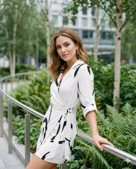 Create a cinematic outdoor fashion portrait of a stylish young woman leaning casually against a modern railing in a lush urban garden setting. She faces slightly toward the camera with a composed, confident expression, making direct eye contact that feels poised and self-assured. Her posture is relaxed yet elegant, evoking contemporary editorial fashion. She has shoulder-length to long light brown hair with subtle highlights, styled in soft, natural waves that frame her face. Her makeup is refined and modern. She wears medium-sized gold hoop earrings and minimal jewelry for a polished look. Her outfit is a chic, monochrome wrap-style dress in white with bold black abstract or zebra-inspired patterns. The dress drapes gracefully around her figure, with rolled sleeves adding a casual yet sophisticated touch. The fabric appears lightweight and fluid, enhancing the fashion-forward aesthetic. The background features greenery, slender trees, and a contemporary building softly blurred into the distance, suggesting a modern urban lifestyle environment. Natural daylight illuminates the scene evenly, with gentle highlights and soft shadows. The depth of field is shallow, keeping the subject crisp while the background melts into soft bokeh. Use aspect ratio 4:5.