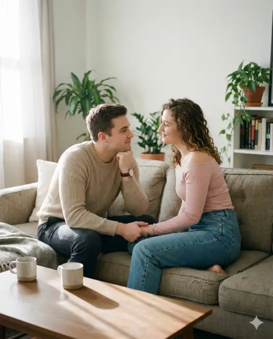 Create an intimate Valentine's Day indoor couple photo of a young adult man and young adult woman sitting closely on a sofa, knees touching, the man leaning slightly forward with his elbow resting on his knee while holding the woman's hand, the woman turned slightly toward him with a gentle smile, the man wearing a beige knit sweater with dark trousers and a watch, the woman wearing a soft pink off-shoulder top with high-waisted jeans, minimal makeup with a natural glow, hair styled in loose curls, camera placed at eye level for an authentic feel, soft window light from the side creating subtle shadows, cozy neutral interior, clean background, realistic lifestyle Instagram photography style. Use aspect ratio 4:5.