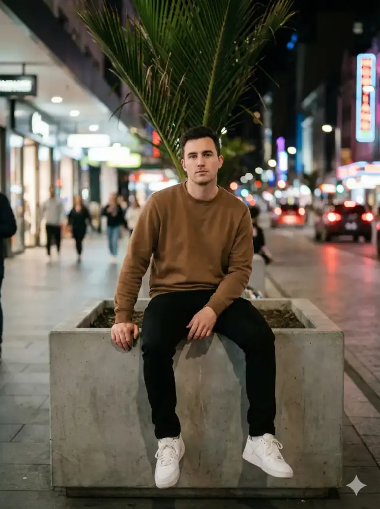 Create an urban night-time lifestyle portrait of a young adult man seated casually on a large concrete planter along a busy pedestrian street. He sits with a relaxed posture, one leg extended and the other bent, hands resting naturally, projecting quiet confidence and calm focus. His expression is serious yet approachable, with direct eye contact toward the camera. He wears a neutral brown sweatshirt paired with black trousers and clean white sneakers, simple and modern. Behind him, a palm plant rises upward, adding visual structure and depth. The background features a lively city street with softly blurred pedestrians, glowing storefront signs, and colorful night lights creating natural bokeh. Ambient city lighting illuminates the subject evenly without harsh shadows. The image has a shallow depth of field, realistic skin tones, subtle grain, and a balanced cinematic color grade. Photorealistic lifestyle photography, street-style editorial mood, natural urban lighting, no artificial glow, aspect ratio 3:4.