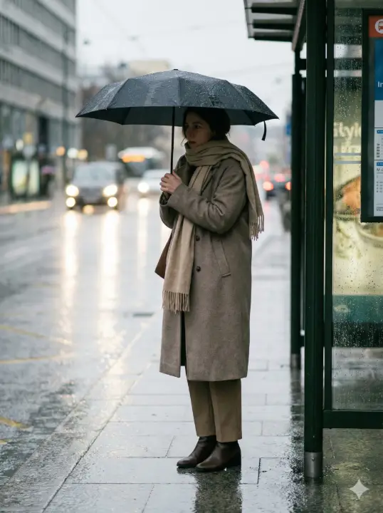 Create a documentary-style street photography image of a woman holding an umbrella while standing near a bus stop in light rain, her posture upright with shoulders slightly raised against the cold, wearing a long wool coat, scarf wrapped loosely around her neck, straight trousers, and ankle boots, raindrops visible on the umbrella surface, reflective pavement below, blurred headlights behind her, soft overcast lighting, natural color grading, realistic textures, and a calm urban mood. Use aspect ratio 3:4.