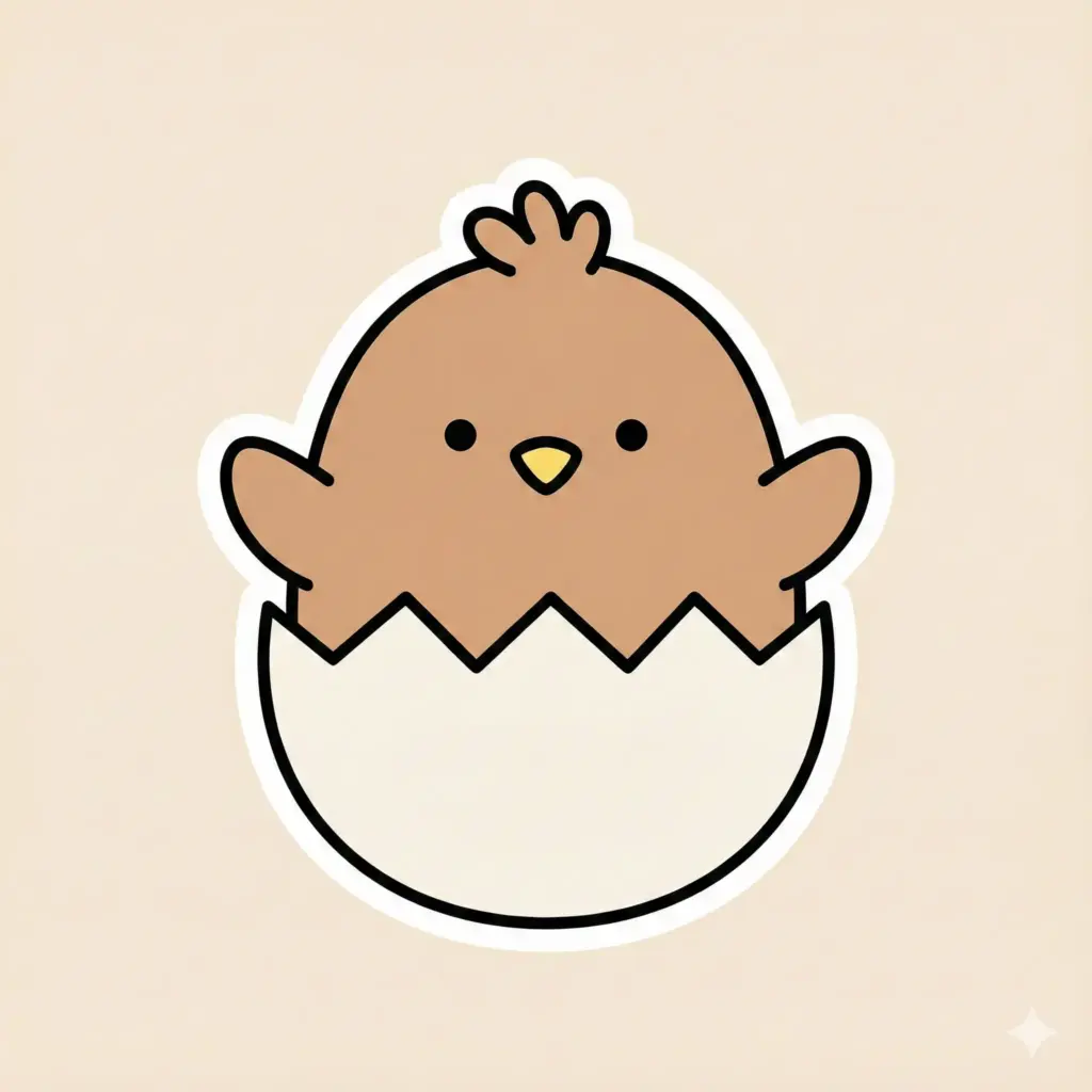 Create an ultra-cute, minimalist cartoon chick hatching from an egg, illustrated in a simple kawaii style. The chick has a round, soft brown body with tiny rounded wings tucked close to its sides and a small tuft of feathers on top of its head. Its face is extremely simple and adorable, featuring two small black dot eyes and a tiny yellow beak, centered and evenly spaced. The chick is emerging from a cracked white eggshell, with jagged edges forming a neat zigzag opening around its lower body. Linework is bold, smooth, and uniform, resembling sticker or icon-style illustration. Colors are flat and warm with no gradients or complex shading. Background is a soft off-white or pale beige, clean and uncluttered. Overall mood is playful, cozy, and charming—perfect for stickers, children's apps, nursery art, or mascots. Use 1:1 aspect ratio.