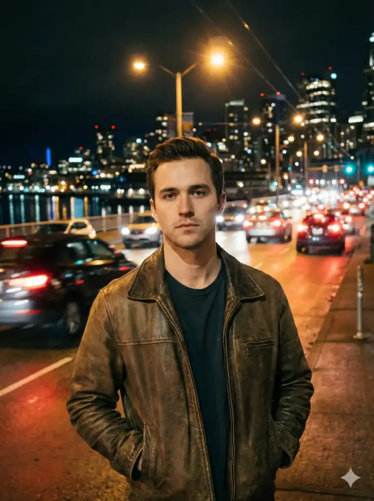 Create a cinematic night-time urban portrait of a young adult man standing beside a busy city road near a waterfront. He faces the camera with a calm, serious expression and a relaxed, confident posture. He wears a dark t-shirt layered with a brown leather jacket, simple and timeless. Streetlights cast warm highlights across the scene while city traffic moves behind him, creating soft motion blur and light streaks. Reflections from nearby water and distant buildings add depth and atmosphere. The subject remains sharply focused while the background stays softly dynamic. The image features shallow depth of field, realistic skin tones, controlled highlights, subtle grain, and a cinematic color grade. Photorealistic lifestyle photography, urban night mood, natural city lighting, confident presence, aspect ratio 3:4.