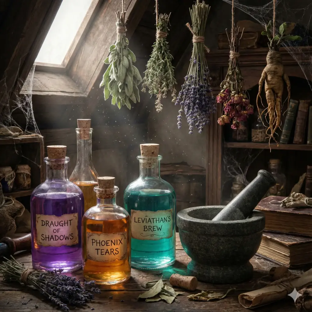 Create a fantasy-themed apothecary still life inside a dim alchemist's lab. Feature several corked glass bottles filled with glowing liquids (purple, amber, and teal), bundles of dried herbs hanging in the background, and a heavy mortar and pestle. Dust motes should be dancing in a shaft of light coming from a high window. The glass bottles should have old, handwritten labels. Mysterious, magical, and highly detailed textures. Use aspect ratio 1:1.