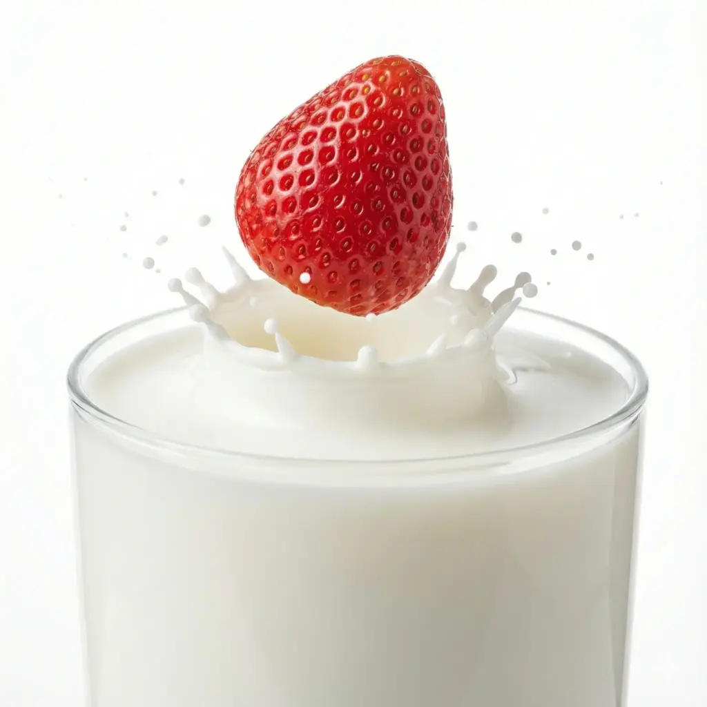 Create a high-speed commercial still life photograph of a fresh strawberry dropping into a glass of milk. Freeze the action at the exact moment the splash forms a crown shape. The lighting should be bright and studio-quality (high key), with a pure white background. The focus must be razor-sharp on the water droplets and the texture of the strawberry seeds. The image should look vibrant, refreshing, and energetic. Macro photography style, 100mm lens. Use aspect ratio 1:1.