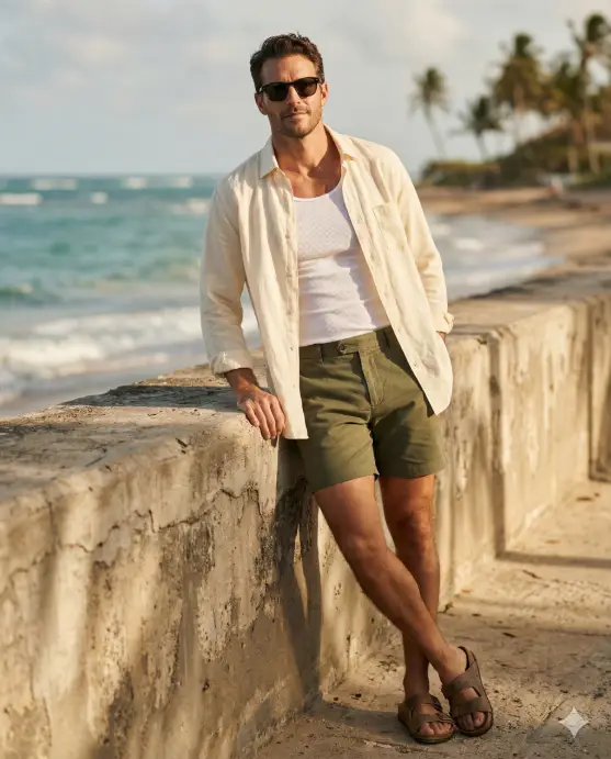 Create a fashionable beach lifestyle photo of a man leaning casually against a sunlit beach wall, one shoulder resting back with relaxed posture, legs slightly crossed at the ankles, wearing a loose open linen shirt over a tank top and tailored shorts, sunglasses on face, confident relaxed expression, soft shadows cast across his face, camera positioned at chest height with a slight diagonal angle, textured wall and ocean tones in background, modern Instagram editorial vibe, professional lifestyle photo realism. Use aspect ratio 4:5.