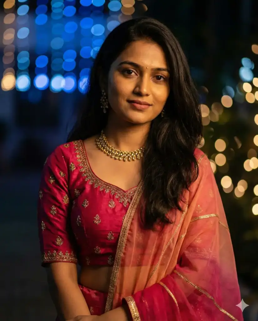 Create a photorealistic cinematic evening portrait of a young Indian woman standing outdoors during a festive night, captured from the waist up in a gentle three-quarter pose. She looks softly toward the camera with a warm, composed expression and a subtle smile. She wears a richly embroidered pink blouse paired with a flowing sheer dupatta in shades of pink and orange with delicate gold borders, draped gracefully over her arms. Her long dark hair is styled smooth and loose, falling naturally over one shoulder, and she wears traditional jewelry including a stone-studded necklace, matching earrings, and a small bindi. The background features glowing decorative lights rendered as soft blue and golden bokeh, creating depth and a celebratory atmosphere without distraction. Lighting is low-light cinematic with warm highlights on her face and controlled shadows, preserving realistic skin texture and fabric detail. The overall mood is elegant, festive, and intimate, like a candid moment captured during a cultural celebration at night. High resolution, realistic lens depth, true-to-life colors, no distortion, no text, no artifacts. Aspect ratio 4:5.