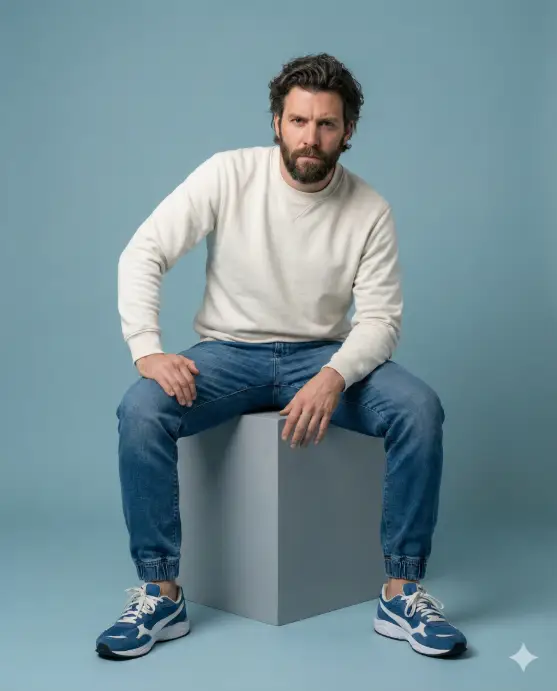 Create a minimalist studio portrait of a confident man seated casually on a simple geometric cube against a solid muted blue background. He sits with his legs apart and feet planted firmly on the ground, leaning slightly forward with both hands resting naturally near his knees, creating a grounded, relaxed, and quietly powerful posture. He has medium-length, textured dark hair styled with natural volume, a full, well-groomed beard, and an intense yet calm expression as he looks directly at the camera. His outfit is clean and understated: a soft off-white crewneck sweatshirt with a relaxed fit, paired with classic blue denim jeans featuring elasticated cuffs. He wears modern blue athletic sneakers with white accents, adding a casual, contemporary streetwear touch. The background is a smooth, seamless blue studio wall with no distractions, emphasizing simplicity and balance. Lighting is soft, diffused, and frontal, evenly illuminating the subject while gently sculpting facial features and fabric texture without harsh shadows. The color palette is cohesive and calm. Use aspect ratio 4:5.