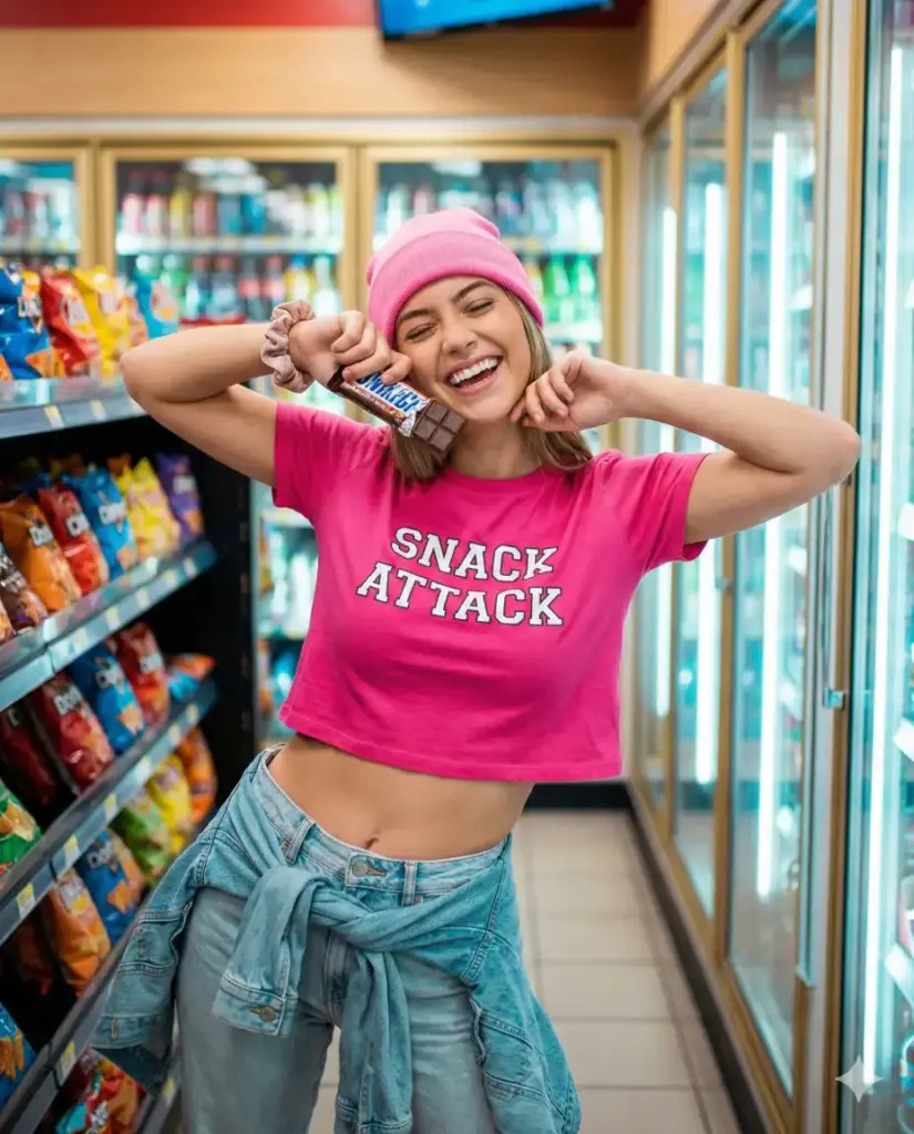 Create a photorealistic vibrant lifestyle portrait of a young woman standing inside a colorful convenience store aisle, captured from the waist up in a playful, high-energy pose. She leans slightly toward the camera with both arms raised, one hand holding a chocolate bar close to her cheek while she laughs with her mouth open, eyes closed, expressing pure joy and spontaneity. She wears a bright pink cropped t-shirt with bold graphic text, light-wash denim jeans with a casual jacket tied around her waist, and a matching pink beanie and scrunchie that add a fun, youthful street-style vibe. Her long hair falls loosely over her shoulders, and she wears a sporty watch and minimal accessories. Behind her, illuminated refrigerator doors and shelves filled with snacks create a lively, colorful backdrop with cool-toned lighting and soft bokeh details. Lighting is bright and mixed, combining cool fridge light with warm ambient store lighting, preserving realistic skin texture and fabric detail. The overall mood is energetic, playful, and modern, like a candid late-night snack run captured in a bold lifestyle shoot. High resolution, realistic lens depth, true-to-life colors, no distortion, no text, no artifacts. Aspect ratio 4:5.