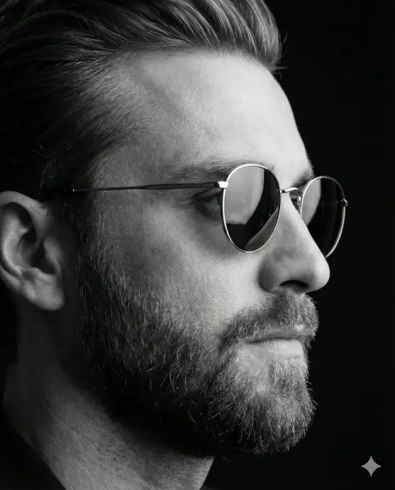 Create a striking black-and-white close-up profile portrait of a man captured from the side, filling the frame from forehead to chin. He faces toward the light, gazing forward with a calm, focused, introspective expression that conveys confidence and restraint. He has neatly styled hair swept back, a well-groomed full beard, and wears sleek, round metal-frame sunglasses with dark lenses. The glasses subtly reflect the light source, adding a refined, cinematic highlight without revealing the eyes. The background is deep black and seamless, dissolving into shadow with no visible detail. Skin texture is realistic and detailed, with soft transitions between highlights and shadow. The overall tone is elegant, moody, and timeless, evoking luxury fashion editorials and classic film portraiture. Use aspect ratio 4:5.