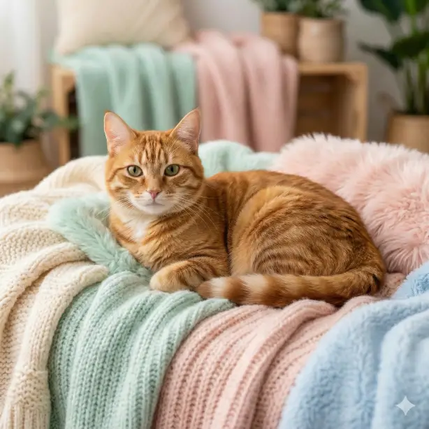 Create a warm lifestyle studio image using the uploaded pet photo as the main subject. Place the pet resting on soft blankets with pastel colors and plush textures. The pet should appear calm and cozy, looking directly at the camera. Use gentle lighting, soft focus background, and realistic fabric details. Clean composition, Instagram style aesthetic, high resolution pet photography. Use aspect ratio 1:1.