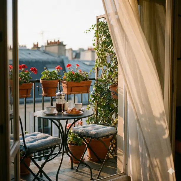 Create an intimate small balcony scene featuring a compact bistro set with wrought iron chairs and small round table, chair cushion in faded blue stripes, ceramic French press coffee maker and a croissant on a small plate on the table, potted geraniums in terracotta pots lining the balcony railing, trailing ivy growing up a small trellis, city rooftops visible in the soft-focus background, early morning golden hour light warming the scene and creating long shadows, sheer curtain from the interior doorway billowing gently into frame, shot from inside looking out toward the charming balcony setup, European cafe morning atmosphere with warm terracotta, faded blue, green foliage, and soft golden morning light. Use aspect ratio 1:1.