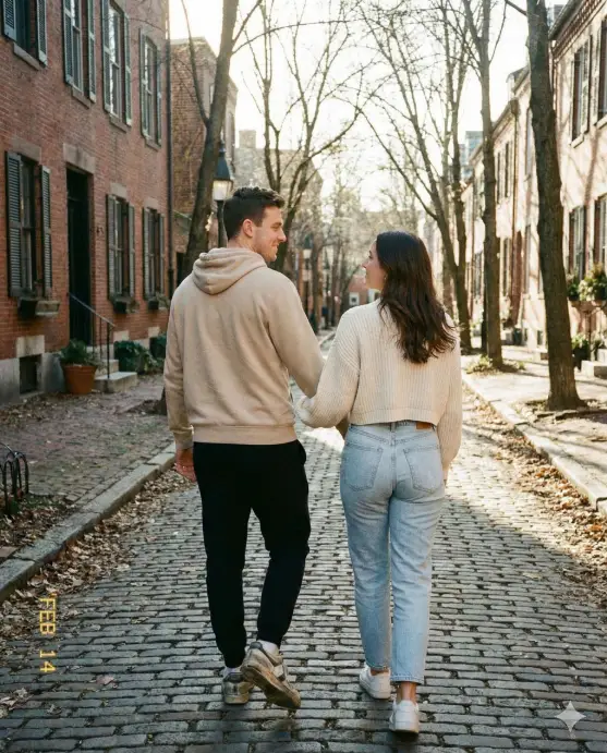 Create a relaxed Valentine's Day outdoor couple photo of a young adult man and young adult woman walking side by side on a quiet street, arms lightly brushing, the man looking ahead while the woman glances toward him, casual posture, the man wearing a neutral hoodie with black joggers and sneakers, the woman wearing a cropped sweater with high-waisted jeans and white sneakers, natural makeup, camera shot from behind and slightly to the side, soft afternoon light, candid Instagram couple vibe. Use aspect ratio 4:5.