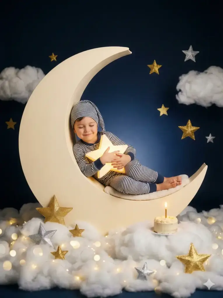 Create a dreamy nighttime birthday portrait of a child sitting on a crescent moon prop surrounded by twinkling stars and soft clouds. They wear cozy pajamas and hold a glowing star lantern, with sleepy yet happy eyes. The background is a deep navy blue gradient scattered with golden and silver stars. Fairy lights create gentle bokeh throughout the scene. A small birthday cake with a single glowing candle sits nearby on a cloud. The overall atmosphere is peaceful, magical, and perfect for capturing the wonder of another year of dreams. Use aspect ratio 3:4.