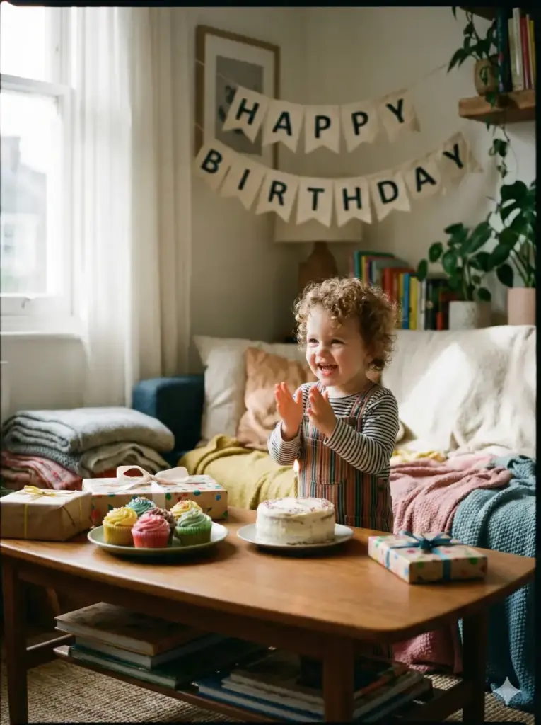 Create a cozy indoor birthday scene featuring a toddler sitting at a decorated table with a small frosted cake topped with a single candle. The child is clapping excitedly, with a wide joyful expression and sparkling eyes. The table includes colorful cupcakes, wrapped gifts, and a subtle birthday banner behind. Soft window light fills the room, creating gentle shadows and a warm, homely feel. The overall style is realistic and heartwarming, like a professional family photoshoot. Use aspect ratio 3:4.