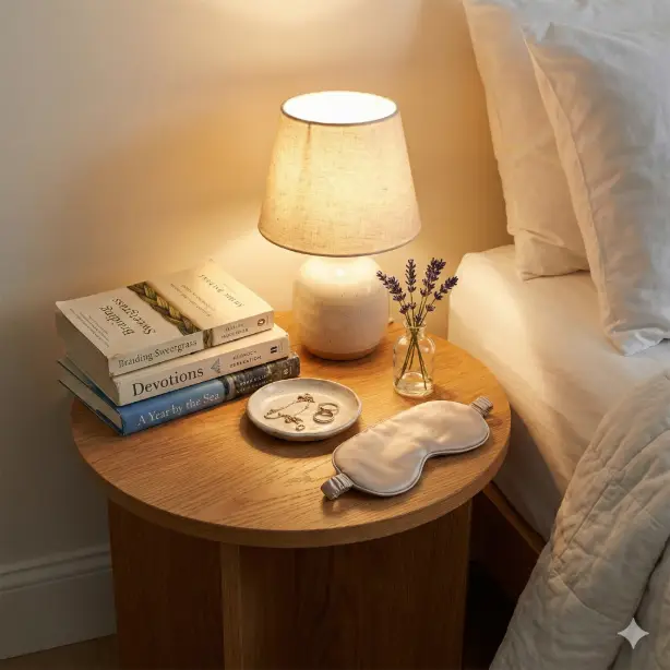 Create an intimate bedside table vignette featuring a round wooden nightstand with a warm oak finish, topped with a small ceramic lamp with linen shade casting soft warm light, stack of well-loved paperback books with worn spines, small ceramic dish holding delicate gold jewelry, fresh lavender sprigs in a tiny bud vase, sleep mask in soft silk draped casually, corner of crisp white bedding visible at the edge of frame, warm lamp light creating a cozy evening glow with soft shadows, shot from slightly above at a three-quarter angle, peaceful bedtime atmosphere with warm wood tones, soft lavender, cream, and gentle golden light. Use aspect ratio 1:1.