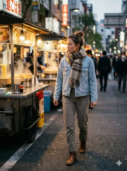 Create a realistic street photography image of a woman walking past a row of street food stalls, captured mid-step with one foot forward and arms moving naturally, wearing a light denim jacket, patterned scarf, straight-cut trousers, and comfortable shoes, hair tied back casually, focused expression as she looks toward the stalls, warm evening lights illuminating her face, steam rising from food carts, background softly blurred, natural skin texture, and an unposed city-life atmosphere. Use aspect ratio 3:4.