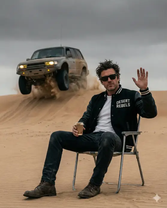 Create a dramatic, cinematic portrait set in an open desert landscape with rolling sand dunes under an overcast sky. In the foreground, a confident man sits casually on a lightweight folding chair, legs relaxed and spread, completely unfazed by the chaos behind him. His posture is calm and dominant, projecting fearless confidence and effortless cool. He has medium-length, wild, windblown dark hair, light stubble, and wears dark rectangular sunglasses. His outfit blends rugged street style with attitude: a black varsity jacket with bold lettering on the chest, a white t-shirt underneath, dark jeans, and casual footwear. One hand rests on the arm of the chair holding a small object casually, while the other is lifted mid-gesture, reinforcing his relaxed, boss-like demeanor. Behind him, frozen mid-air, a large off-road SUV launches dramatically over the sand, fully airborne with all four wheels off the ground. Sand and dust explode outward beneath the vehicle, captured in sharp detail. The headlights glow faintly yellow, adding intensity and realism to the action. The composition creates a powerful contrast between stillness and motion: the subject remains calm and grounded while explosive action unfolds just meters behind him. Lighting is natural and cinematic, with soft shadows and muted highlights. Use aspect ratio 4:5.