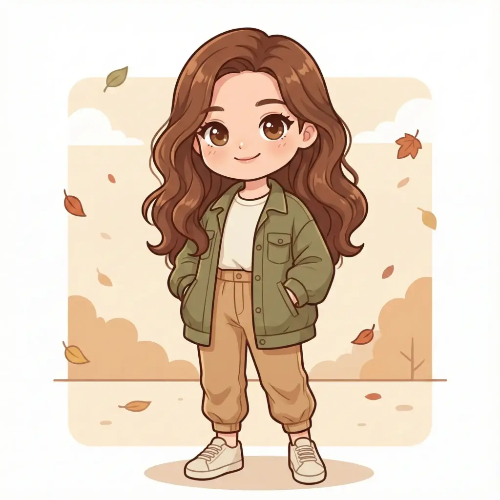Create a full-body chibi-style illustration of a young girl with a warm, gentle expression, standing confidently with her hands tucked into her jacket pockets. She has long, flowing chestnut-brown hair with soft waves, slightly parted to one side, and large expressive brown eyes with a subtle sparkle. Her face is rounded and youthful, with a small nose and a calm, content smile. She wears an oversized olive-green jacket layered over a simple off-white t-shirt, paired with high-waisted tan jogger-style pants that gather slightly at the ankles. On her feet are clean, light-colored sneakers with minimal detailing. The outfit feels cozy, casual, and modern, with a soft autumn color palette. The art style is clean, cute, and polished. Use aspect ratio 1:1.