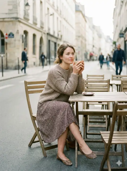 Create a street photography style image of a woman sitting alone at an outdoor café table, leaning slightly forward with both hands wrapped around a coffee cup, wearing a knit sweater, midi skirt, and comfortable flats, relaxed posture, thoughtful expression, natural hair loosely tied back, soft morning light, empty chairs around her, city street gently out of focus, realistic color tones, and a quiet slice-of-life mood. Use aspect ratio 3:4.