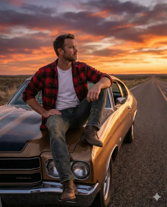 Create a cinematic road trip photo of an adult man sitting on the hood of a classic car, casual confident posture with elbows resting behind him for support, wearing a flannel shirt over a plain t-shirt, rugged jeans, worn leather boots, light stubble beard, thoughtful expression, long open highway at sunset, sky painted with orange and purple tones, reflections on the car surface, cinematic depth, professional travel photography style. Use aspect ratio 4:5.