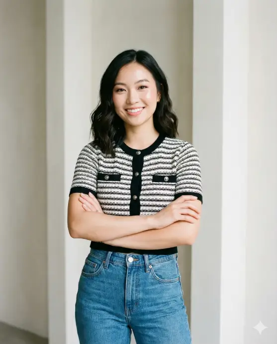 Create a clean, modern indoor portrait of a young woman standing confidently with her arms crossed, smiling warmly toward the camera. She is positioned near a softly lit neutral backdrop with vertical architectural lines, creating a minimal, contemporary setting that keeps full focus on the subject. She has shoulder-length dark hair styled in soft, voluminous waves with a natural side part, framing her face effortlessly. Her makeup is fresh and polished, giving her an approachable, confident appearance. She wears a sleeveless black-and-white textured knit top with horizontal patterns and a buttoned front, paired with high-waisted blue denim jeans. The outfit feels modern, casual-chic, and versatile, blending professionalism with relaxed style. Accessories are minimal, enhancing the clean aesthetic. Lighting is bright, soft, and even—studio-style or natural window light—creating gentle highlights and smooth shadows with excellent skin detail. The background is slightly blurred and neutral, contributing to a high-end lifestyle or personal-brand portrait feel. Use aspect ratio 4:5.