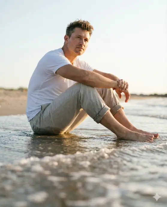 Create a stylish beach lifestyle photo of a man sitting at the edge of the shoreline with knees bent and forearms resting loosely on them, relaxed forward-leaning posture, wearing a fitted white t-shirt and rolled-up linen pants, barefoot with feet touching shallow water, natural skin texture visible, calm thoughtful facial expression, short slightly tousled hair, camera placed low at sand level with a frontal angle, soft waves blurred in the foreground, warm natural sunlight, shallow depth of field, premium Instagram lifestyle photography look. Use aspect ratio 4:5.