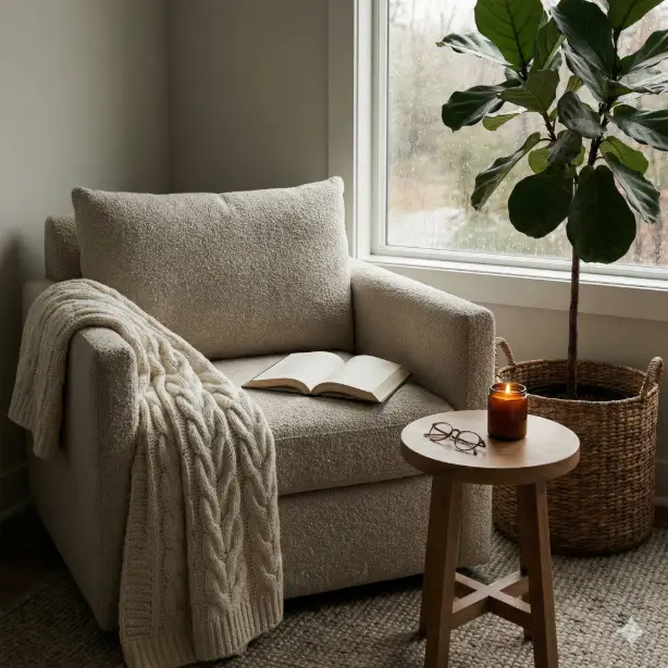Create an inviting reading corner featuring a deep sink-in armchair upholstered in oatmeal boucle fabric, a chunky cable-knit throw blanket in ivory draped casually over one arm, an open hardcover book resting face-down on the seat cushion, a small round side table with a burning soy candle in an amber glass jar and a pair of wire-rimmed reading glasses, tall potted fiddle leaf fig in a woven basket planter in the corner, large window with rain drops trickling down the glass visible in the background, soft diffused afternoon light filtering through creating a moody ambiance, shot at eye level capturing the cozy arrangement, serene and contemplative mood with earthy neutral tones and touches of forest green. Use aspect ratio 1:1.