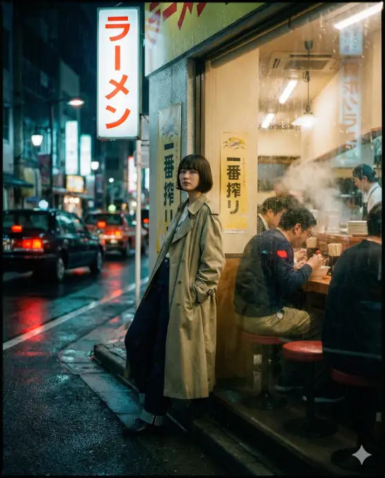 Create a candid, cinematic photograph of a young woman with a bob haircut, dressed in an oversized vintage trench coat and dark selvedge denim jeans. She is leaning against the wet glass window of a bustling downtown Tokyo ramen shop late at night. Rain streaks down the window, blurring the vibrant neon signs and red tail lights of taxis outside. The lighting is a mix of warm interior tungsten and cool exterior streetlights. Film grain is present. Use aspect ratio 4:5.