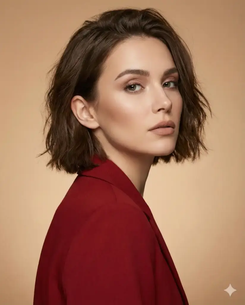 Create a photorealistic editorial portrait of a young woman captured from the shoulders up in a three-quarter profile, turning her head back toward the camera with a calm, introspective gaze. She wears a structured red blazer that adds bold contrast against a clean, warm neutral backdrop in soft beige tones. Her hair is styled in a short, textured bob with natural movement, slightly tousled around the face for a modern, effortless look. Her makeup is refined and minimal, featuring softly defined eyes, natural brows, subtle blush, and muted lips with realistic skin texture and gentle glow. Lighting is studio-controlled and soft, falling diagonally across her face to sculpt the cheekbones and jawline while keeping shadows smooth and elegant. The background remains simple and fully filled, allowing strong focus on expression, color, and form. The overall mood is poised, confident, and fashion-forward, resembling a high-end magazine editorial portrait. High resolution, realistic lens depth, true-to-life colors, no distortion, no text, no artifacts. Aspect ratio 4:5.
