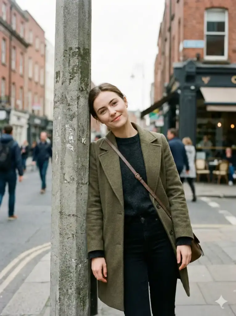 Create an urban lifestyle portrait of a young adult woman leaning casually against a vertical structure in a city setting. She tilts her head slightly and looks directly toward the camera with a calm, confident expression that feels natural and unforced. Her posture is relaxed, conveying quiet self-assurance. She wears a dark outfit layered with a muted green coat, paired with a crossbody bag that adds subtle lifestyle context. Soft natural daylight illuminates her face evenly, producing realistic skin tones and gentle shadows. The background features an urban environment rendered with shallow depth of field, keeping the focus on the subject while maintaining a sense of place. The image has a clean editorial look with natural color balance, subtle grain, and smooth tonal transitions. Photorealistic lifestyle photography, natural light, street-style mood, minimal styling, no dramatic lighting, aspect ratio 3:4.
