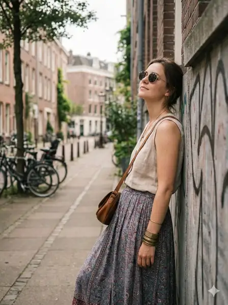 Create an urban lifestyle portrait of a young adult woman leaning casually against a weathered concrete wall along a quiet street. She stands relaxed, hands gently clasped near her chest, conveying a calm and reflective mood. Her head is tilted slightly upward as she looks away from the camera, creating a thoughtful, candid feel. She wears a sleeveless neutral-toned top paired with a long patterned skirt in earthy blues and reds, styled with minimal bohemian accessories such as bangles and a crossbody bag. Round sunglasses add a stylish, effortless edge. Soft natural daylight illuminates the scene evenly, producing realistic skin tones and gentle shadows. The background fades into a subtle blur, keeping focus on the subject while preserving the urban setting. The image features shallow depth of field, natural textures, subtle grain, and a balanced editorial color grade. Photorealistic lifestyle photography, street-style aesthetic, natural light, relaxed emotion, no dramatic lighting, aspect ratio 3:4.