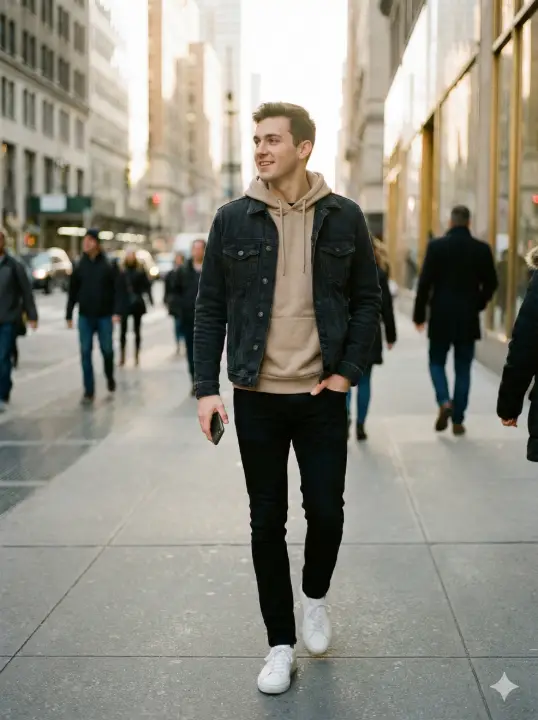 Create a candid street photography portrait of a young man walking alone on a busy city sidewalk during golden hour, captured mid-step with one hand in his jacket pocket and the other holding a smartphone loosely by his side, wearing a slightly oversized beige hoodie layered under a dark denim jacket, slim black jeans, and clean white sneakers, his head turned slightly to the left as if noticing something off-frame, relaxed shoulders and natural posture, soft sunlight reflecting off nearby buildings, blurred pedestrians in the background, shallow depth of field, realistic skin texture, subtle film grain, natural shadows, and an unposed documentary feel. Use aspect ratio 3:4.
