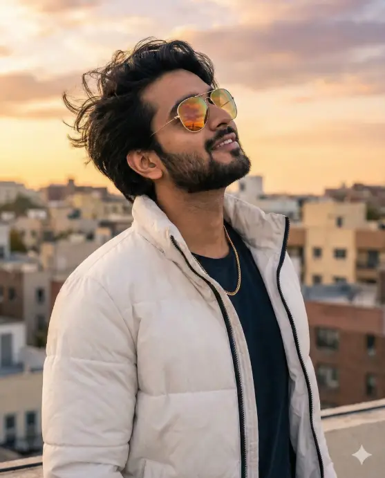 Create a cinematic outdoor portrait of a stylish man captured from the chest up during golden hour. He stands on a rooftop or elevated urban location, head tilted slightly upward as he looks toward the sky, conveying ambition, calm confidence, and quiet optimism. He has thick, voluminous dark hair styled naturally by the wind, a neatly trimmed full beard, and wears reflective aviator sunglasses that catch the warm sunset light. His expression is thoughtful and composed. He is dressed in a clean white puffer jacket worn slightly open over a dark inner shirt, with a subtle gold chain visible at the neckline, adding a modern lifestyle touch. The background features a softly blurred cityscape with low-rise buildings and rooftops, bathed in warm sunset tones. The sky transitions through soft peach, gold, and pastel hues, creating a serene and uplifting atmosphere. Lighting is entirely natural, warm, and directional, highlighting facial contours and hair texture while creating gentle highlights on the jacket. Depth of field is shallow, keeping the subject crisp while the city melts into a creamy bokeh. Use 4:5 aspect ratio.