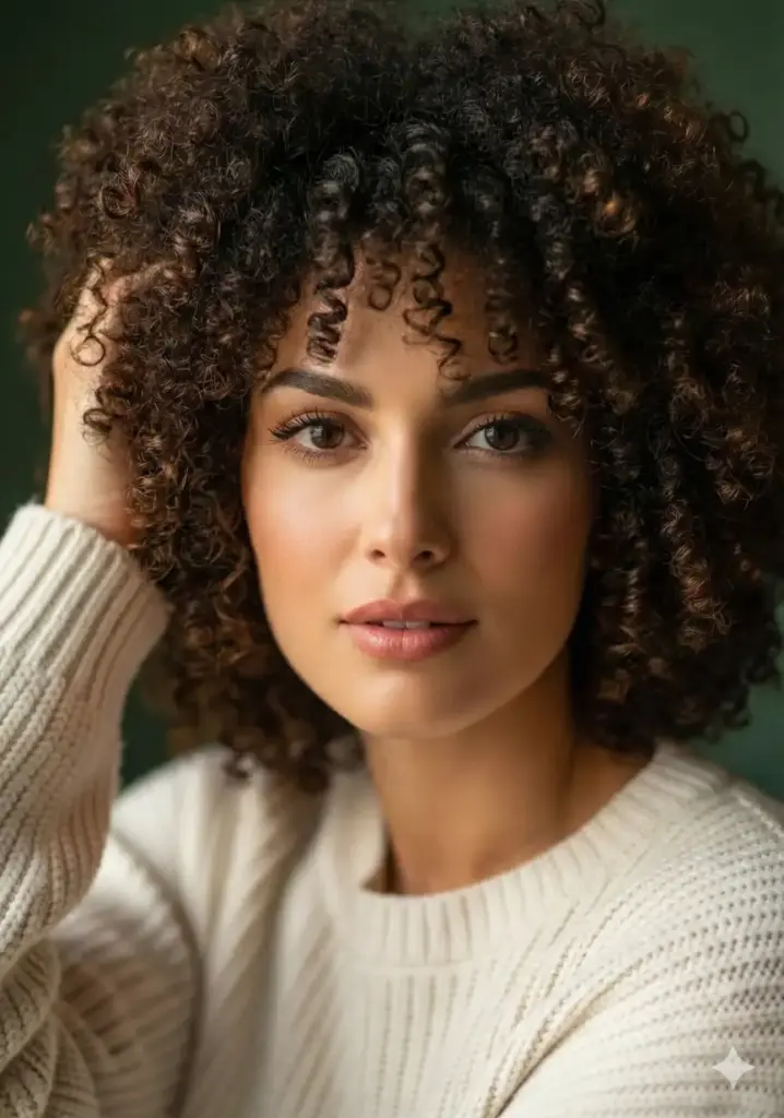 Change this woman's hairstyle to a full, natural afro with defined curls. Create a rounded, voluminous shape with tight, springy curls throughout. The afro should be well-moisturized with a healthy sheen, showing the natural texture and dimension of each curl. The overall silhouette should be balanced and symmetrical, framing her face beautifully. Maintain a natural hair color with the curls having depth and definition.