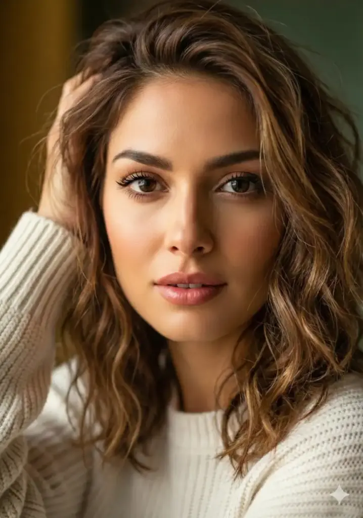Give this woman tousled, beachy waves in medium-length hair falling just past her shoulders. Create loose, natural-looking S-shaped waves with varying texture throughout. Add subtle highlights for a sun-kissed effect. Part the hair slightly off-center and style with a carefree, windswept appearance. The waves should look effortless and relaxed, as if styled by ocean air, with movement and body throughout.