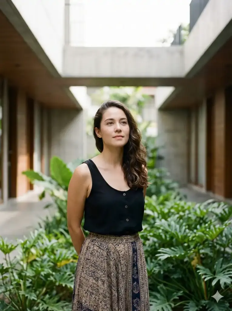 Create an outdoor lifestyle portrait of a young adult woman standing in a modern architectural space surrounded by soft greenery. She stands upright with a composed posture, hands placed gently behind her back, conveying calm confidence and quiet reflection. Her gaze is directed slightly upward and away from the camera, creating a graceful, introspective mood. She wears a sleeveless black top with subtle button detailing, paired with a flowing patterned skirt that adds visual texture and cultural depth. Her hair is styled in loose waves, falling naturally over one shoulder. Soft natural daylight illuminates her face evenly, producing realistic skin tones and gentle shadows. The background features clean architectural lines and leafy plants, softly blurred to maintain focus on the subject. The image has shallow depth of field, natural color balance, subtle grain, and a refined editorial finish. Photorealistic lifestyle photography, natural light, elegant mood, minimal styling, no harsh contrast, aspect ratio 3:4.