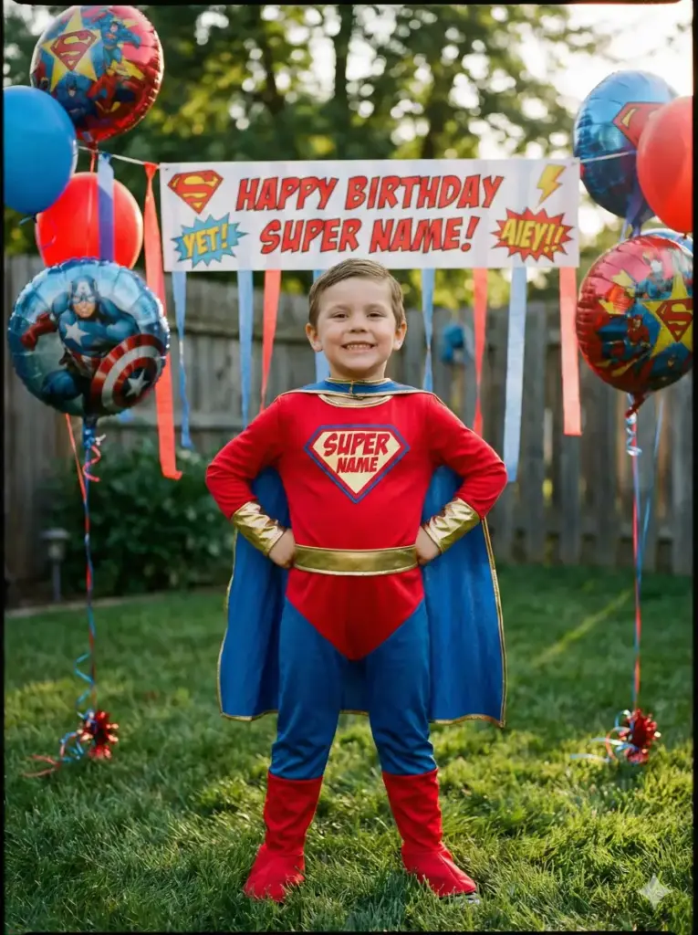 Create a themed birthday portrait of a child dressed as their favorite superhero, standing confidently with hands on hips. The background includes subtle party decorations matching the theme, such as balloons and banners in coordinating colors. Lighting is dramatic yet kid-friendly, adding depth without harsh shadows. The expression is proud and happy, capturing the excitement of a themed birthday celebration. Use aspect ratio 3:4.
