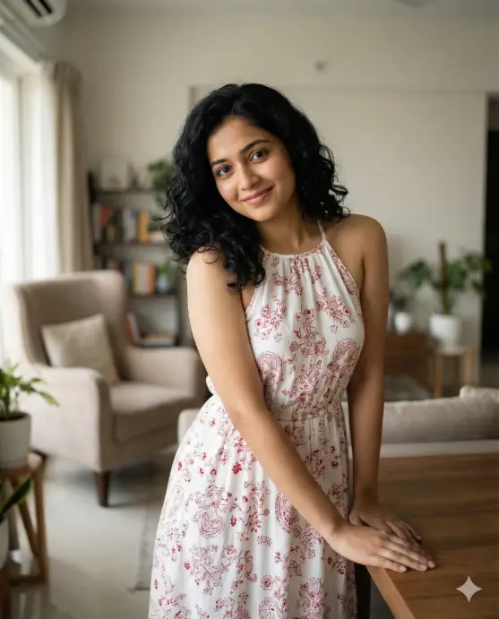 Create a warm, softly lit indoor portrait of a young woman leaning casually against a table in a cozy, modern interior. She faces the camera with a gentle, welcoming smile, her expression calm and slightly playful, creating an intimate and approachable atmosphere. Her posture is relaxed, with both hands resting lightly for balance, adding a natural, candid feel. She has shoulder-length black hair styled in soft, loose curls with a natural middle part, framing her face beautifully. Her makeup is minimal and fresh. She wears a sleeveless halter-neck dress in white with intricate red floral and paisley-inspired patterns. The dress has a flowing, feminine silhouette that feels light and graceful, perfect for a casual yet refined indoor setting. The background is softly blurred, featuring neutral-toned furniture and a calm, home-like environment. Lighting is natural and diffused, possibly from a nearby window, creating gentle highlights on her face and smooth shadows that add depth without drama. The overall color palette feels warm, clean, and harmonious. Use 4:5 aspect ratio.